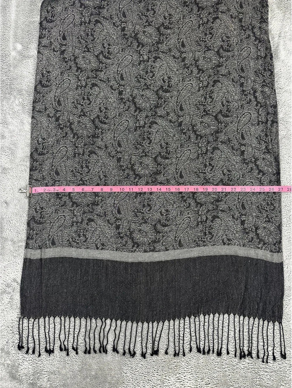Black and Gray Paisley Patterned Scarf with Fringe